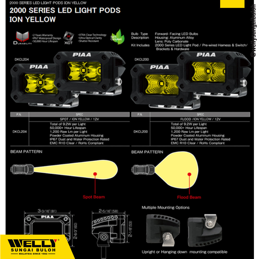 PIAA DKCL200 2000 Series 3'' LED Yellow Light Pods (Flood Beam)
